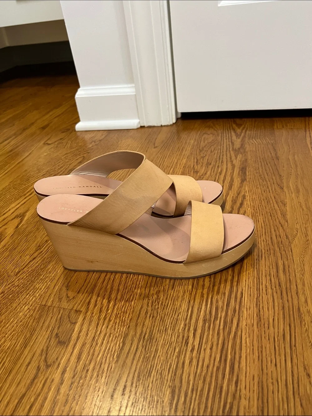 Loeffler Randall Neutral Double-Strap Wooden Wedge Slides Size 10
